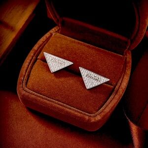 White Gold Plate designer style Triangle Earrings Shiny Cubic Z Studs 1 inch